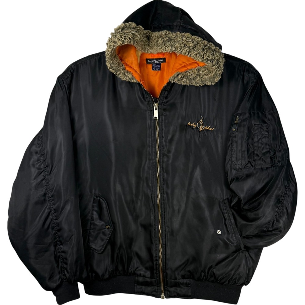 Baby Phat Black Bomber Jacket Fur Hood Orange Lined Zip Up 3XL Vintage‎ Y2K